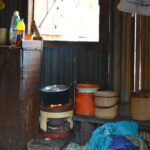 A single gas burner used for preparing food inside the kitchen hut at Ishahayi.